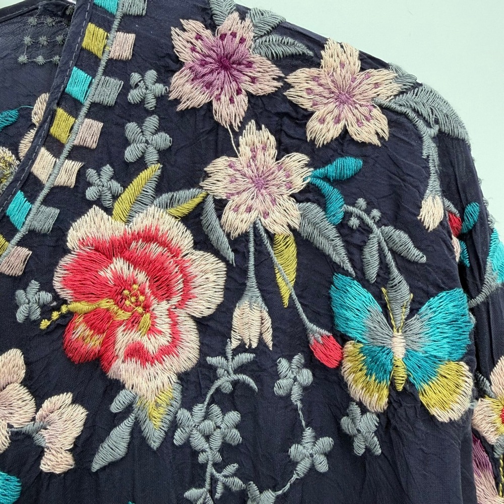 Johnny Was Butterfly Winter Blouse Embroidered Floral Size L Boho Tunic FLAWS - Picture 3 of 16